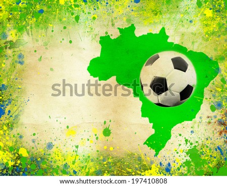 Vintage photo of soccer ball, Brazil map and the colors of the Brazil flag           