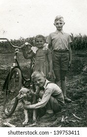 Vintage Photo Of Three Children With A Dog And A Bike - Thirties