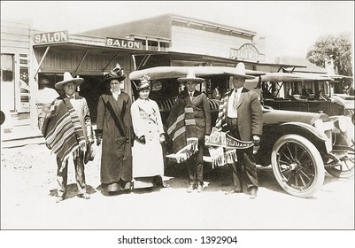 Vintage Photo Of  Tourists Next To Car In Tijuana