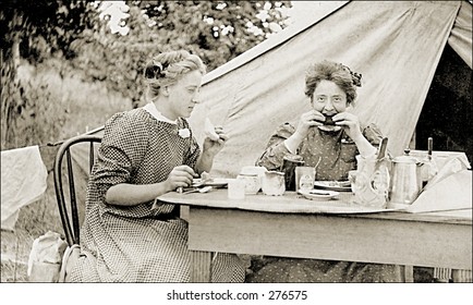 Vintage Photo Of Two Women Eating Outdoors