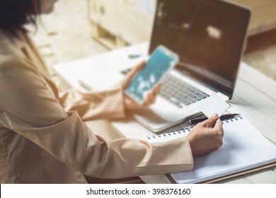 Vintage Photo Woman's Hands Holding A Credit Card And Using Smart Phone, Online Shopping, Outdoor
