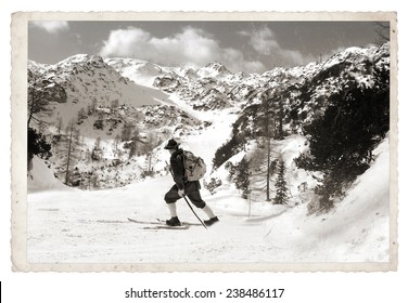 Vintage Photos Old Skier With Traditional Old Wooden Skis