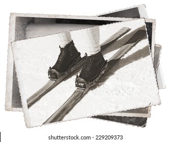 Vintage Photos Old Wooden Skis And Leather Ski Boots