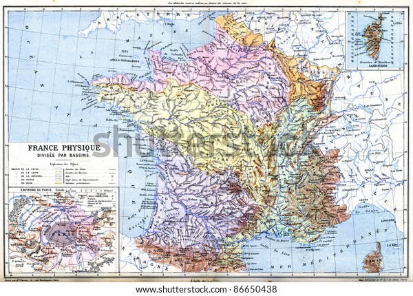 Vintage physical France map (France - Divided into\
Basins) with explanation of signs on map from the late 1800s, \
Trousset encyclopedia (1886 -\
1891).