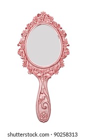 Vintage Pink Hand Mirror Isolated On White