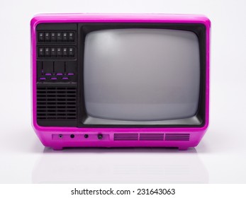 Vintage Pink TV Isolated On White Background. Front View With Real Shadow. Copy Space For Text Or Image