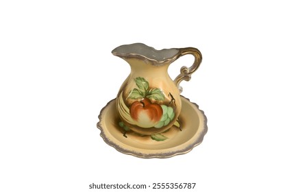 A vintage pitcher and basin set. The set is made of ceramic and features a yellow base with hand-painted floral and fruit designs.  - Powered by Shutterstock