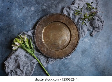 Vintage Plate Dish On A Gray-blue Concrete Background, Top View