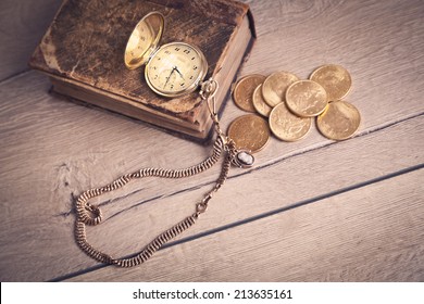 Vintage Pocket Watch And Gold Coins