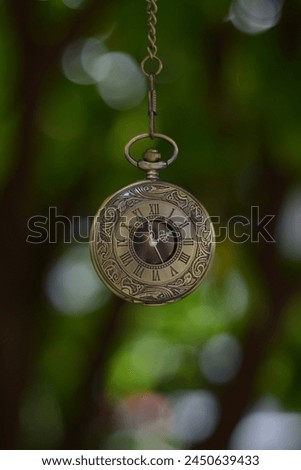 Vintage pocket watch hanging from leaves with bokeh background