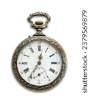 Vintage Pocket watch with shadow isolated on white background. Concept of direction and orientation