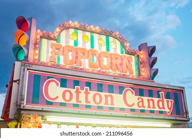 Vintage Popcorn And Cotton Candy Sign At County Fair Circus 