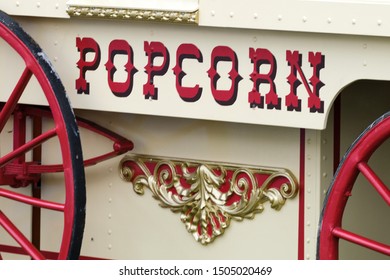 Vintage Popcorn Vendor Wagon With Beautiful Ornaments In A Circus