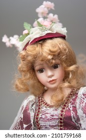 Vintage Porcelain Face Girl Doll. Close Up Shot, Shallow Depth Of Field, No People.