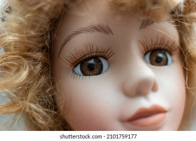 Vintage Porcelain Face Girl Doll. Close Up Shot, Shallow Depth Of Field, No People.