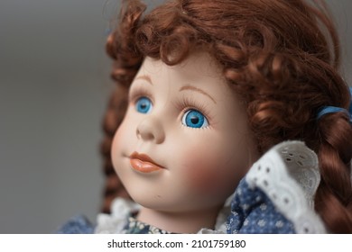 Vintage Porcelain Face Girl Doll. Close Up Shot, Shallow Depth Of Field, No People.