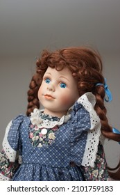 Vintage Porcelain Face Girl Doll. Close Up Shot, Shallow Depth Of Field, No People.