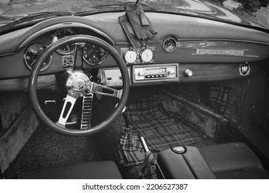 Vintage Porsche Steering Wheel, Car Stereo. Close Up Of Vintage Porsche Interior Gökçeada, Çanakkale Türkiye-06.16.2021