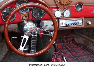 Vintage Porsche Steering Wheel, Car Stereo. Close Up Of Vintage Porsche Interior Gökçeada, Çanakkale Türkiye-06.16.2021