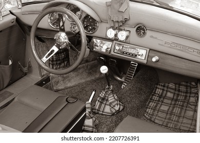 Vintage Porsche Steering Wheel, Car Stereo. Close Up Of Vintage Porsche Interior Gökçeada, Çanakkale Türkiye-06.16.2021