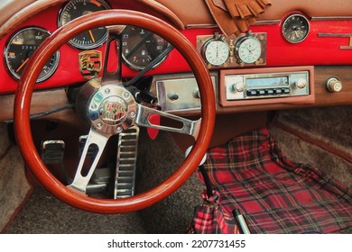 Vintage Porsche Steering Wheel, Car Stereo. Close Up Of Vintage Porsche Interior Gökçeada, Çanakkale Türkiye-06.16.2021