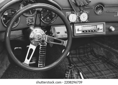 Vintage Porsche Steering Wheel, Car Stereo. Close Up Of Vintage Porsche Interior Gökçeada, Çanakkale Türkiye-06.16.2021