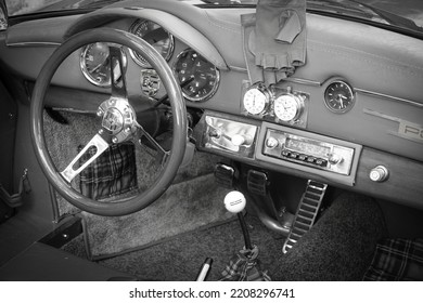 Vintage Porsche Steering Wheel, Car Stereo. Close Up Of Vintage Porsche Interior Gökçeada, Çanakkale Türkiye-06.16.2021