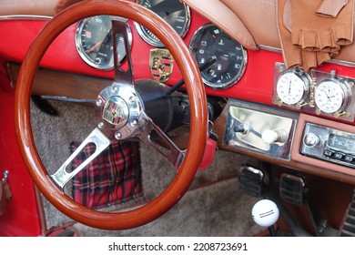 Vintage Porsche Steering Wheel, Car Stereo. Close Up Of Vintage Porsche Interior Gökçeada, Çanakkale Türkiye-06.16.2021