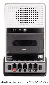 VIntage portable cassette recorder with built-in speaker, transparent cover of cassette compartment, microphone and simple control buttons at the bottom