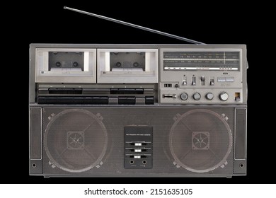 Vintage Portable Stereo Boombox Radio Cassette Recorder From 80s On Black Background.