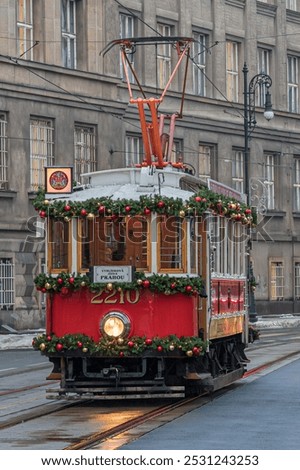Image, Stock Photo Prague city historical streetcar driving through picture