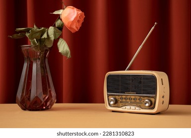vintage radio on the table. Retro broadcast radio. Old retro radio. antique radio on vintage background.