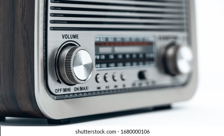 Vintage radio on a white background. Vintage radio in wooden case