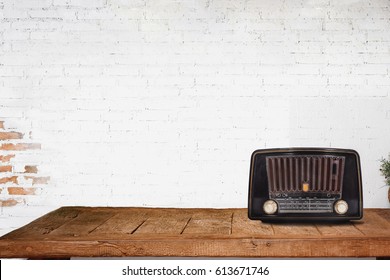 Vintage Radio On Wood Table With Copy Space In White Room.