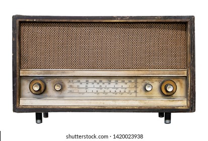 Vintage radio receiver - antique wooden box radio isolate on white with clipping path for object, retro technology 