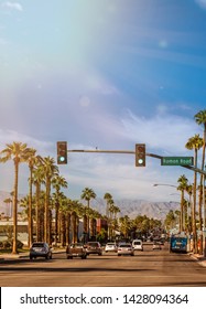 Vintage Ramon Road In Palm Springs City With Cars Heading To The Mountains