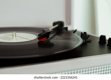 Vintage Record Player With Vinyl Record. Close Up View