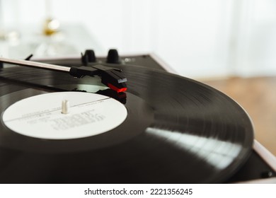 Vintage Record Player With Vinyl Record. Close Up View