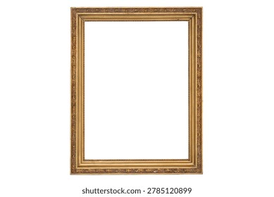 Vintage rectangular gold picture frame with carved leaf ornaments isolated on white background. Blank antique golden border template for fine art photo mockups.