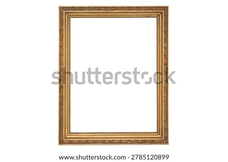 Vintage rectangular gold picture frame with carved leaf ornaments isolated on white background. Blank antique golden border template for fine art photo mockups.
