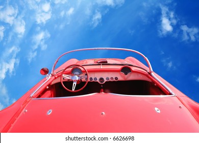 Vintage Red Car 60's Flying To Sky, Sport-coupe