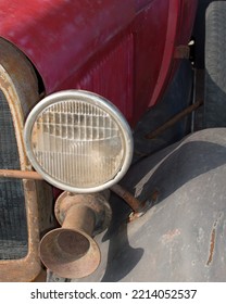 Vintage Red Car Closeup Headlight Grill Horn