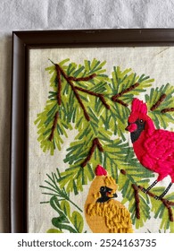 Vintage Red Cardinal Bird Mid Century Embroidery Handmade Hand Stitched Wall Art