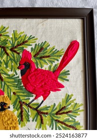 Vintage Red Cardinal Bird Mid Century Embroidery Handmade Hand Stitched Wall Art
