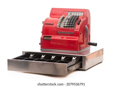 Vintage red cash register on white background - Powered by Shutterstock