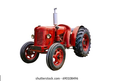 Vintage red tractor, isolated on white background.