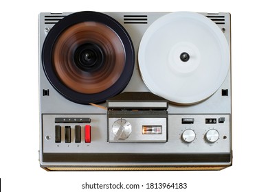 vintage reel to reel tape recorder, open reel audio recorder. Isolated on white, nostalgic audio gear