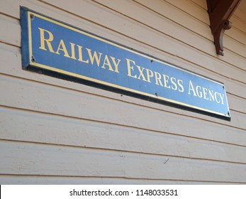 Vintage Restored Railway Express Agency Sign On The Side Of An Old Train Depot