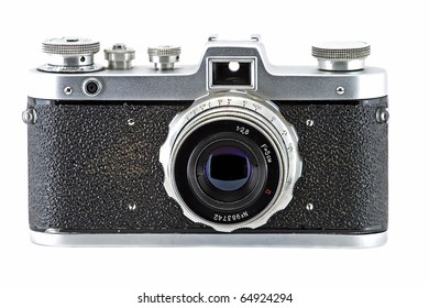 Vintage and retro camera (front view) isolated in white