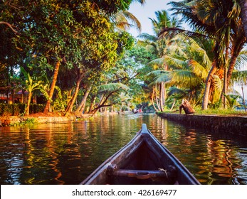 Vintage Retro Effect Hipster Style Image Of Kerala Backwaters Tourism Travel In Canoe. Kerala, India